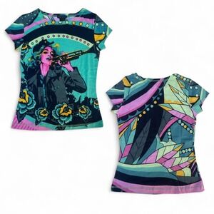 Y2K Deadstock Custo Barcelona Hayes Graphic Short‎ Sleeve Blouse sz M